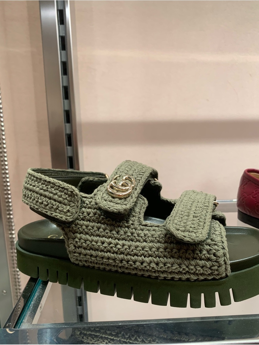 Gucci  Olive Crochet Platform Sandals with Gold GG size 36/6